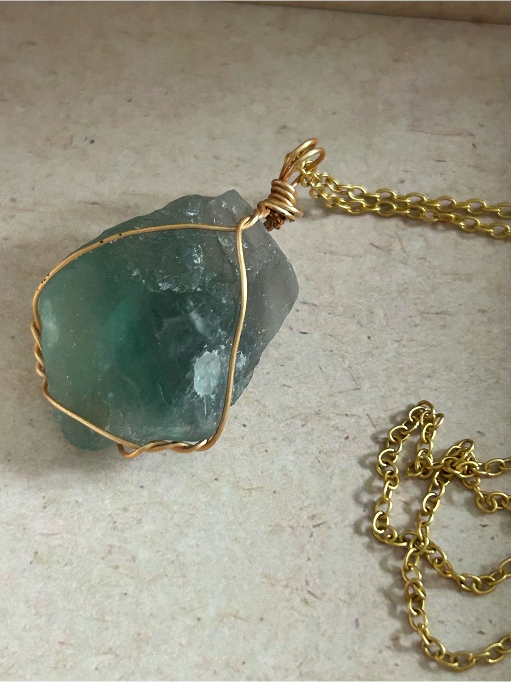 Flourite Gold Wire-Wrapped Sea Glass Pendant Necklace - Green